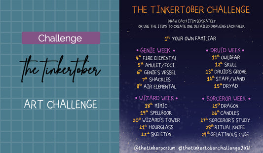 tinkertober challenge, art challenge with monsters, fantasy and places