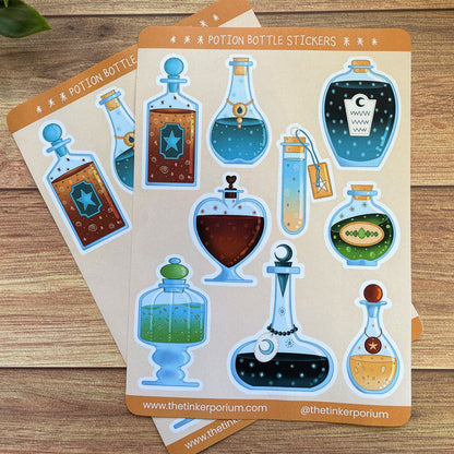 Close up of the A6 Apothecary sticker sheets featuring 9 different shape and colour potion bottles